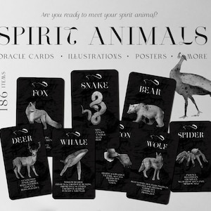 Moderne Abstrakte Geist Tiere Orakel Karten Sammlung | Aquarell Monochrome Kunst | Horoskop Sternzeichen Clipart | Spirituelles Heiliges Set
