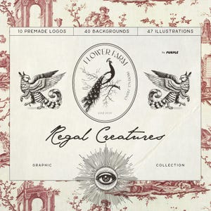 May include: A black and white graphic design featuring a peacock and a griffin. The design is in a circle with the text "Flower Farm Provence France estd 2020". The text "Regal Creatures Graphic Collection" is below the circle.