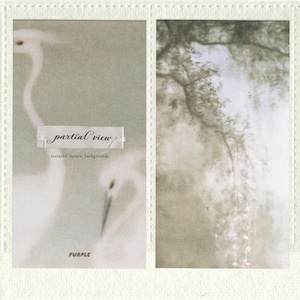 May include: Two rectangular panels featuring muted green and white imagery. The left panel displays blurred bird silhouettes with the text partial view textured nature backgrounds and PURPLE. The right panel shows a soft-focus tree branch.