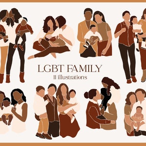 Conjunto de pareja LGBT con niños. Ilustración del orgullo GAY. Arte abstracto, impresión. Imágenes prediseñadas de personas LGBT. familia abstracta. Arte de madre e hijo