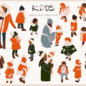 Clipart familiar de Navidad, ilustraciones de invierno. Trajes familiares de invierno. Niños de Navidad. Madre e hijo. Arte infantil abstracto. Imágenes Prediseñadas SVG