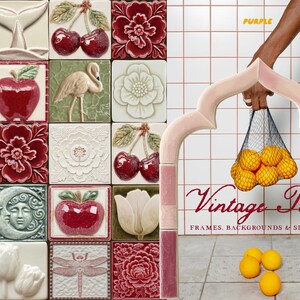 May include: A collection of decorative ceramic tiles with various designs, including cherries, flowers, and a flamingo. A hand holds a net bag of oranges within a purple arch. The text "Vintage Tiles" is displayed.