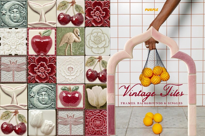 May include: A collection of decorative ceramic tiles with various designs, including cherries, flowers, and a flamingo. A hand holds a net bag of oranges within a purple arch. The text "Vintage Tiles" is displayed.