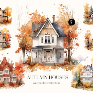 Clipart de casa de outono. Casa de campo em aquarela na floresta PNG. Construção de casa de fazenda. Casa com jardim aconchegante no outono. Convite "Bem-vindo ao Lar" faça você mesmo. Pacote de casas