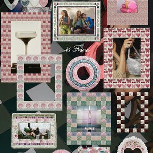 May include: A collage of mosaic tile frames and backgrounds. The frames feature various designs, including hearts, shells, and floral patterns. The text "Vintage Tiles" and "45 Frames" are visible. The color palette includes pink, green, and white.