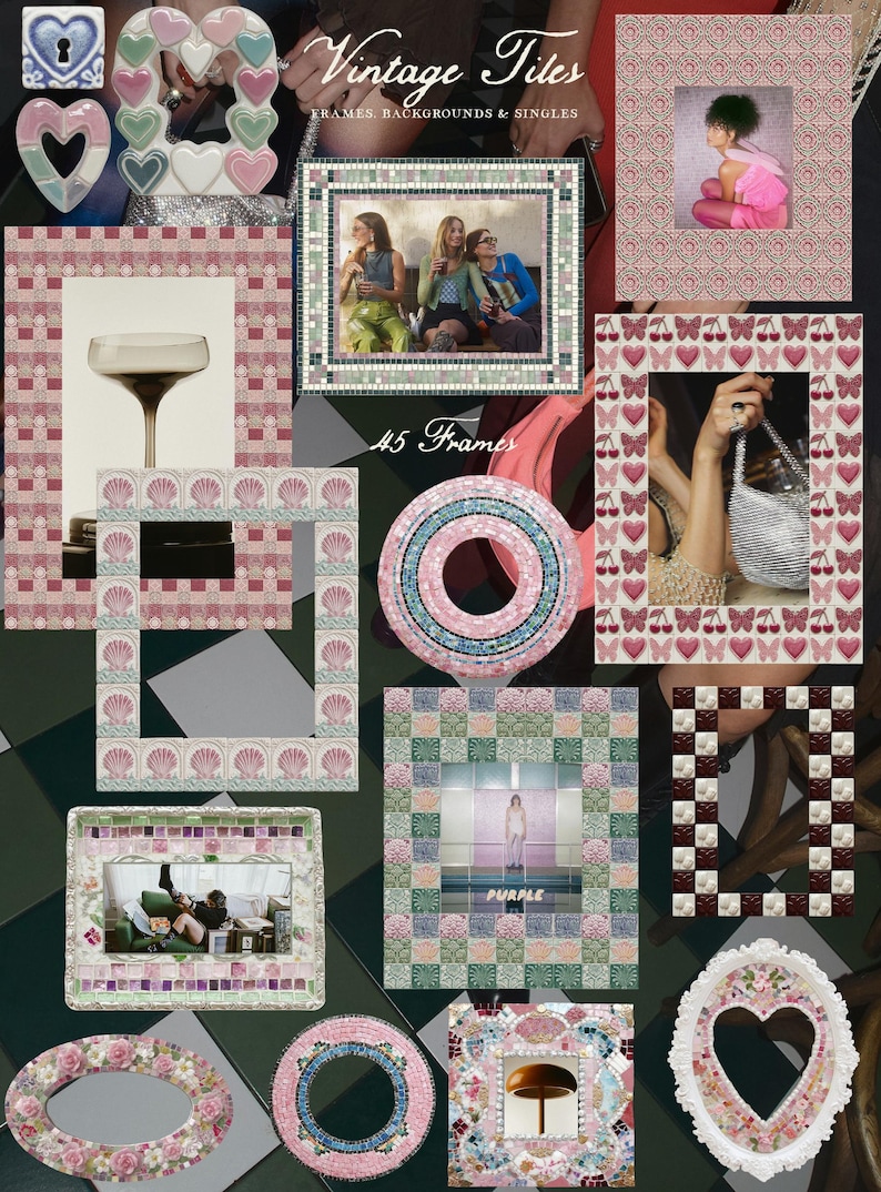 May include: A collage of mosaic tile frames and backgrounds. The frames feature various designs, including hearts, shells, and floral patterns. The text "Vintage Tiles" and "45 Frames" are visible. The color palette includes pink, green, and white.