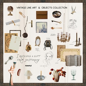 May include: A collage of vintage objects and line art, including a globe, a camera, a key, a pendant, a mirror, a chandelier, candles, and a vase of tulips. Text includes "Vintage Line Art & Objects Collection" and "I Received a Gift From Yesterday."