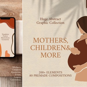 Clipart abstrato minimalista de mulheres grávidas e crianças - pôsteres de arte moderna e adesivos de planejador para mães