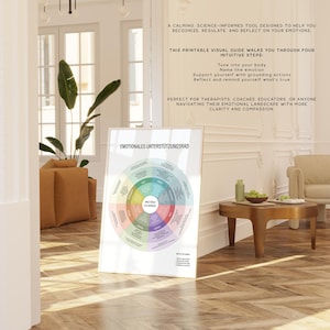 Puede incluir: Una impresi&oacute;n enmarcada con el texto "EMOTIONALES UNTERST&Uuml;TZUNGSRAD" y un diagrama circular con secciones codificadas por colores. La impresi&oacute;n se muestra en una habitaci&oacute;n luminosa con una planta y una mesa peque&ntilde;a.