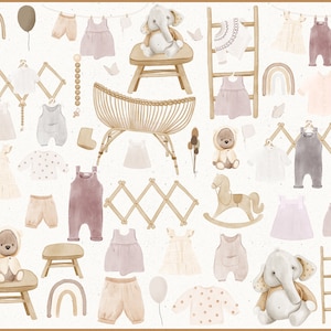 Clipart de chambre d'enfant aquarelle. Collection d'aquarelles de vêtements pour bébés. Accessoires garçon, fille. Baby Shower, nouveau-né PNG. Chaussons, Body, Jouet pour bébé