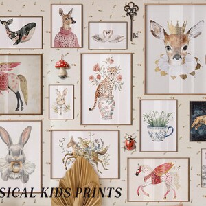 May include: A collection of 70 whimsical kids prints featuring illustrations of animals, flowers, and other cute designs. The prints are framed in a variety of colors and styles, and they would be perfect for a child's bedroom or playroom.