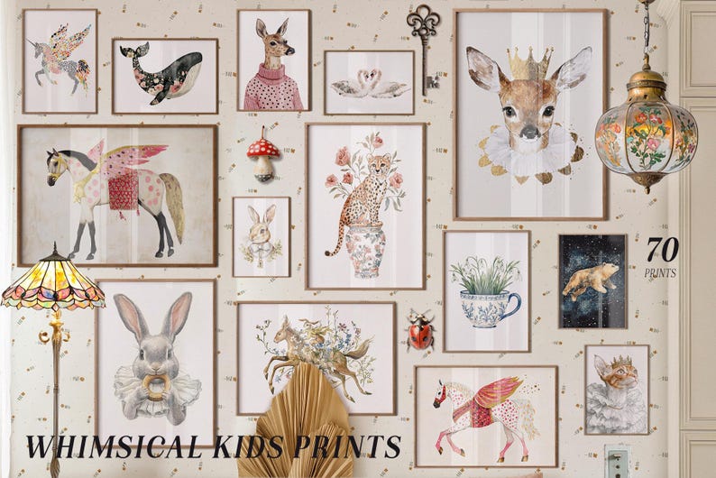 May include: A collection of 70 whimsical kids prints featuring illustrations of animals, flowers, and other cute designs. The prints are framed in a variety of colors and styles, and they would be perfect for a child's bedroom or playroom.