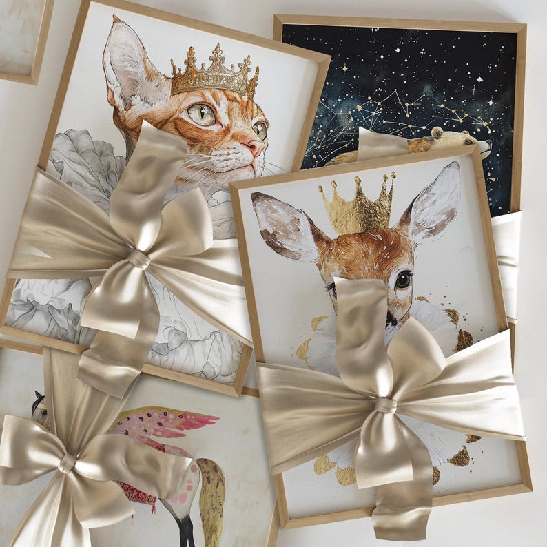 May include: Four framed prints with gold crowns and animal illustrations. The prints are wrapped in gold ribbon and bows. The animals include a cat, a deer, a horse, and a bear.