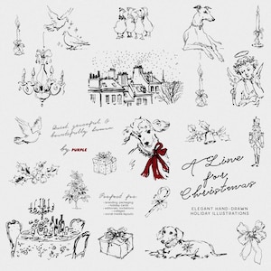 May include: Elegant hand-drawn holiday illustrations in black and white. The image features various Christmas-themed sketches, including doves, a dog, a lamb with a red bow, a table setting, and the text "A Line for Christmas."