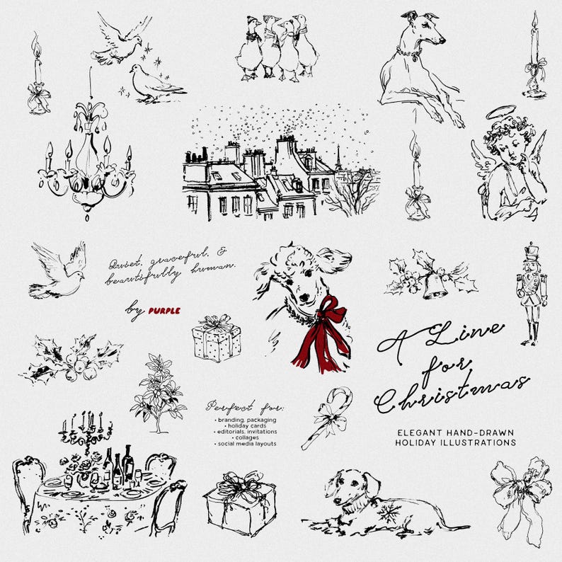 May include: Elegant hand-drawn holiday illustrations in black and white. The image features various Christmas-themed sketches, including doves, a dog, a lamb with a red bow, a table setting, and the text "A Line for Christmas."