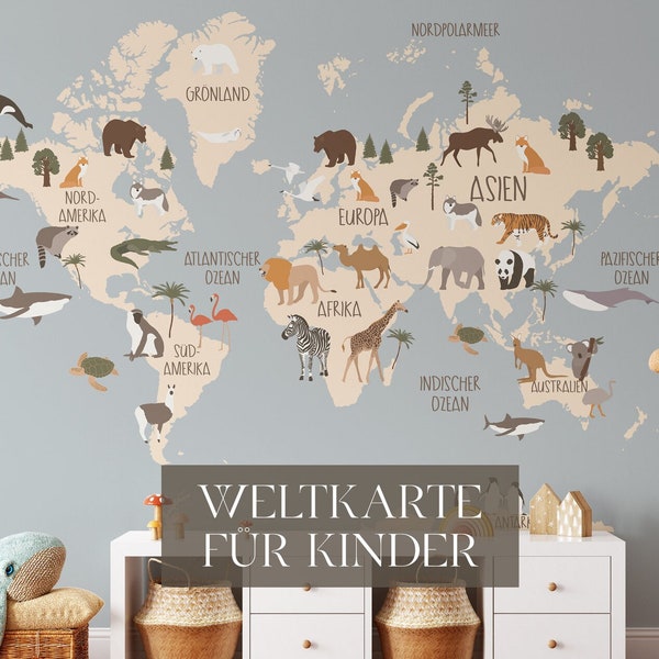 Weltkarte für Kinder. Drucken Sie im Kinderzimmer. Animal World Map. Childrens Map, Animal Countries, Continents, Educational Map