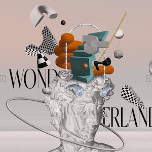 Zeitgenössischer Kunstdruck: Willkommen im Wunderland 3D Collage mit abstrakten Formen & postmodernen Designelementen