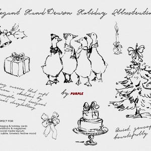 May include: Hand-drawn holiday illustrations in black ink. The image features a Christmas tree, geese wearing scarves, a gift box, a cake, bows, a candle, and bells. Text includes "Elegant Hand-Drawn Holiday Illustrations."