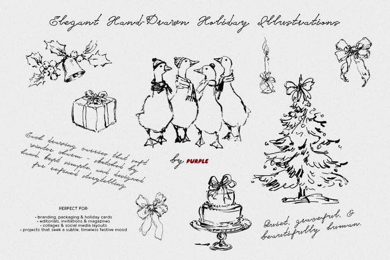 May include: Hand-drawn holiday illustrations in black ink. The image features a Christmas tree, geese wearing scarves, a gift box, a cake, bows, a candle, and bells. Text includes "Elegant Hand-Drawn Holiday Illustrations."