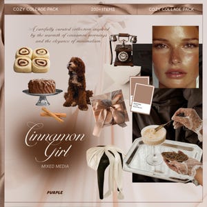 以下が含まれることがあります： シナモンをテーマにした画像のコラージュ。コラージュには、シナモンロール、チョコレートケーキ、犬、ビンテージ電話、リボン付きのギフトボックス、カラーサンプル、女性の顔、牛乳の入ったグラス、クッキー、帽子が含まれています。テキスト「Cinnamon Girl」は装飾的なフォントで書かれています。