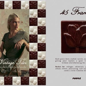 May include: The image showcases a collection of vintage tiles, featuring a woman and a decorative tile with a flower design. The text reads "45 Frames" and "Vintage Tiles". The tiles are in shades of brown, white, and purple. The image is suitable for collages and art projects.