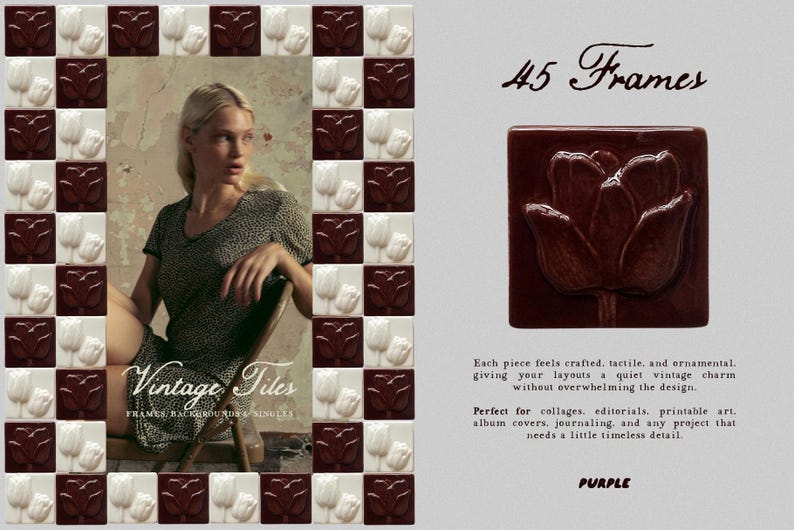 May include: The image showcases a collection of vintage tiles, featuring a woman and a decorative tile with a flower design. The text reads "45 Frames" and "Vintage Tiles". The tiles are in shades of brown, white, and purple. The image is suitable for collages and art projects.