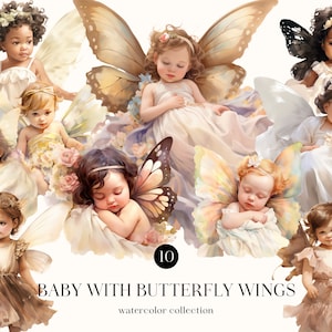 Paquete de imágenes prediseñadas de acuarela de niña con alas de mariposa, baby shower PNG, creación de tarjetas, álbum de recortes, diario basura, comercial