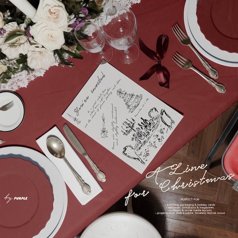 May include: A festive table setting with a burgundy tablecloth, white plates, and silverware. A card with the text "You're invited" and illustrations sits in the center. The words "A Line Christmas" are also visible.