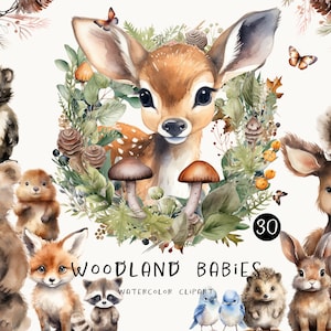 Aquarelle d'animaux de la forêt, clipart pour usage commercial, PNGs animal babis, clipart chambre d'enfant, renard, ours, cerf, hérisson. Couronnes forestières