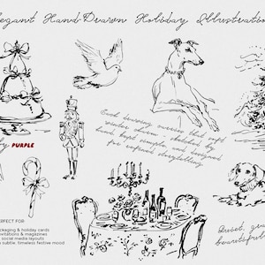 May include: Elegant hand-drawn holiday illustrations in black ink. The image features a cake, angel, dove, dog, Christmas tree, and a table setting. Text includes "by PURPLE" and "Quiet, graceful, & beautifully human."
