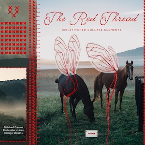 Könnte beinhalten: Ein digitales Kunstwerk mit dem Titel "The Red Thread" mit 100 gestickten Collage-Elementen. Das Bild zeigt zwei Pferde auf einer Wiese mit roten Fadendesigns, die sie überlagern. Rote gestickte Rahmen und Sticklinien umranden das Bild.