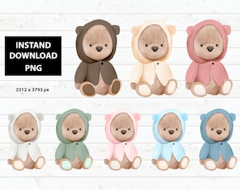 Bundle Bears in Hoody, Hood Teddy Bearly pink blue. Baby Shower Clipart Digital Download, Baby Bearly Hoody Ears. Brown Sweater watercolor