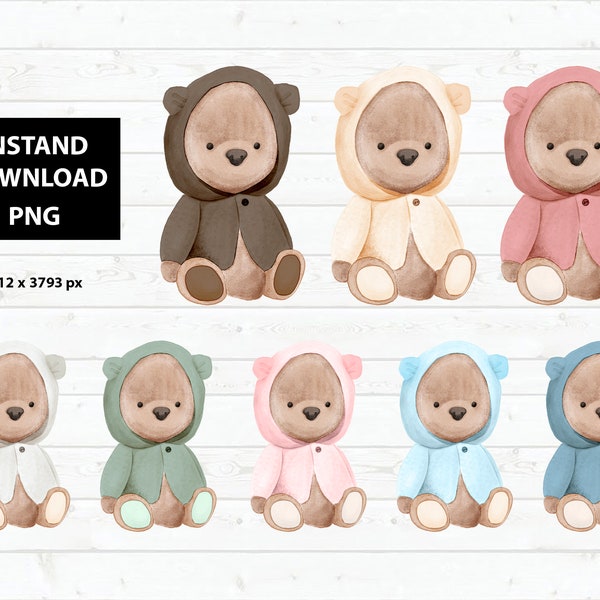 Lote Osos con Capucha, Capucha Teddy Bearly rosa azul. Baby Shower Clipart Descarga digital, Baby Bearly Hoody Ears. Suéter marrón acuarela