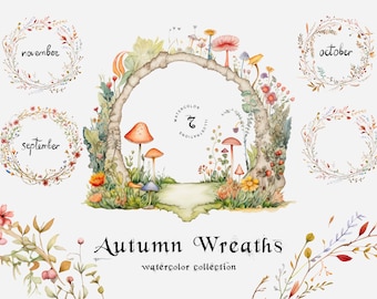 Fall Watercolor Wreath Clipart: Autumn Forest Greenery (Digital Download)