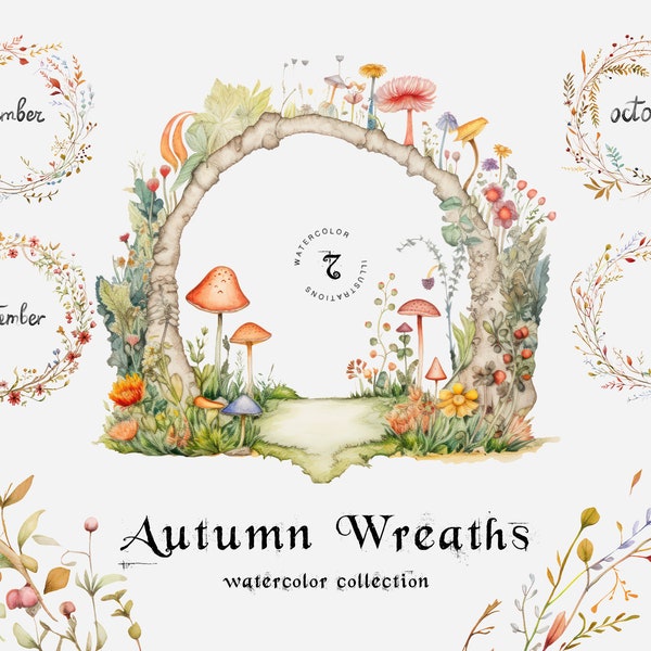 Fall Watercolor Wreath clipart, Fall forest Clipart, Greenery Wreath, Autumn Wreath Clipart, DIY Nursery Clipart, Digital Download