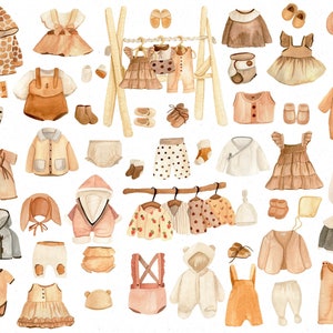 Roupas de bebê em aquarela. Coisas de recém-nascido. Clipart de bebê. Acessórios infantis fofos. Arte para impressão de chá de bebê. Uso comercial