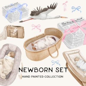 Adorable clipart nouveau-né aquarelle | Cadeau de baby shower à imprimer pour garçons et filles | Les indispensables aquarelles pour chambre de bébé cigognes
