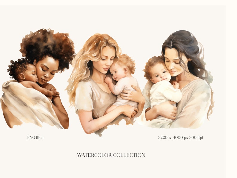 Watercolor Mother and Baby Clipart: Beige Boho Nursery PNG Bundle ...