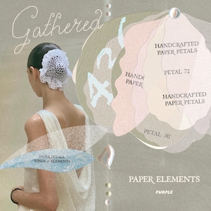 Pode incluir: Um acessório de cabelo de crochê branco usado na parte de trás da cabeça, combinado com uma peça de roupa branca transparente. A imagem apresenta sobreposições de texto incluindo Gathered, Handcrafted Paper Petals, Petal 72, Petal 181 e Paper Elements Purple.