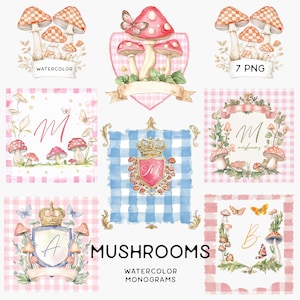 Monograma de cogumelo aquarela - convite personalizado para chá de bebê e papelaria para eventos - clipart de decoração de aniversário PNG para uso comercial