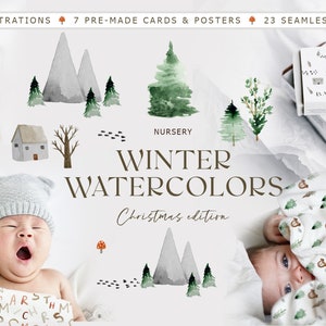 Winter Watercolor Patterns Clipart - Adorable Watercolor Designs for Baby Showers & Nursery | Christmas Watercolors for Boys and Girls