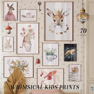 May include: A collection of 70 whimsical kids prints featuring illustrations of animals, flowers, and other cute designs. The prints are displayed on a wall with a light beige background.