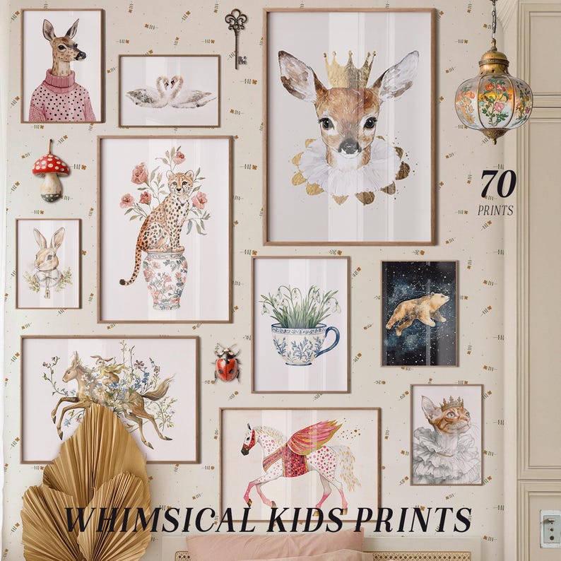 May include: A collection of 70 whimsical kids prints featuring illustrations of animals, flowers, and other cute designs. The prints are displayed on a wall with a light beige background.