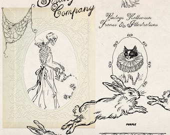Vintage Halloween Line Art, Gothic Frames and Illustrations PNG