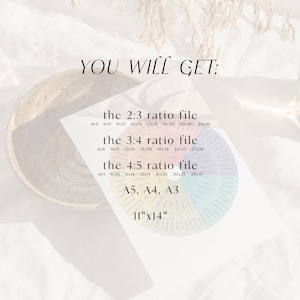 May include: A printable chart with a color-coded wheel showing different paper sizes and ratios. The chart includes the text "the 2:3 ratio file", "the 3:4 ratio file", "the 4:5 ratio file", "A5, A4, A3", and "11"x14"".