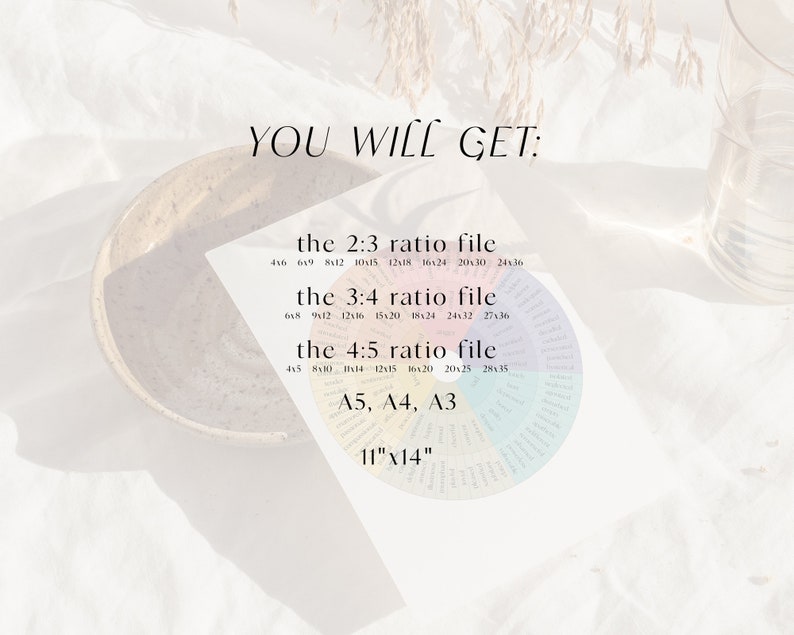 May include: A printable chart with a color-coded wheel showing different paper sizes and ratios. The chart includes the text "the 2:3 ratio file", "the 3:4 ratio file", "the 4:5 ratio file", "A5, A4, A3", and "11"x14"".