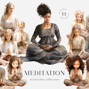 Meditation Clipart, Aquarell Yoga Pose und Achtsamkeit, Aquarell alte Frau Kind meditieren, für kommerzielle Nutzung, PNG, Boho Meditator