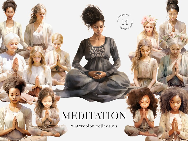 May include: Watercolor illustration collection of 14 women meditating in various poses. The women are all wearing different clothing and have different hair styles. The illustrations are in a soft, muted color palette.