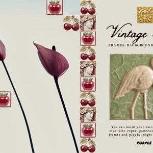 May include: An image featuring decorative tiles with a vintage aesthetic. The design includes a flamingo tile, floral elements, and fruit motifs. The text reads "Vintage Tiles" and "Purple".