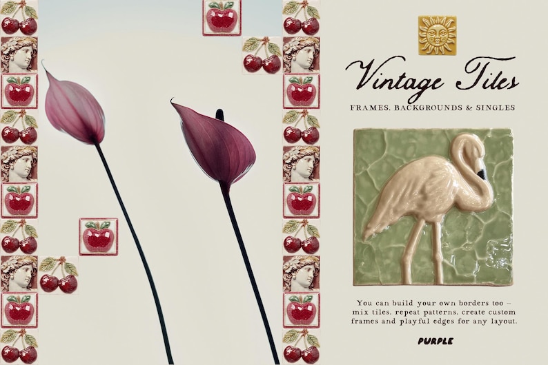 May include: An image featuring decorative tiles with a vintage aesthetic. The design includes a flamingo tile, floral elements, and fruit motifs. The text reads "Vintage Tiles" and "Purple".